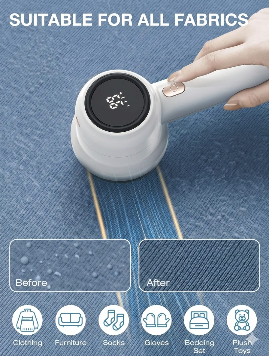 Furano Rechargeable Fabric Shaver with 2 Replaceable Stainless Steel 6-Leaf Blades(1 Free Extra Included) | Lint Remover with 3-Speed Settings & LED Display - Efficient Sweater and Lint Shaver for Clothes, Removing Fuzz, Lint Balls, Pills, and Hairballs